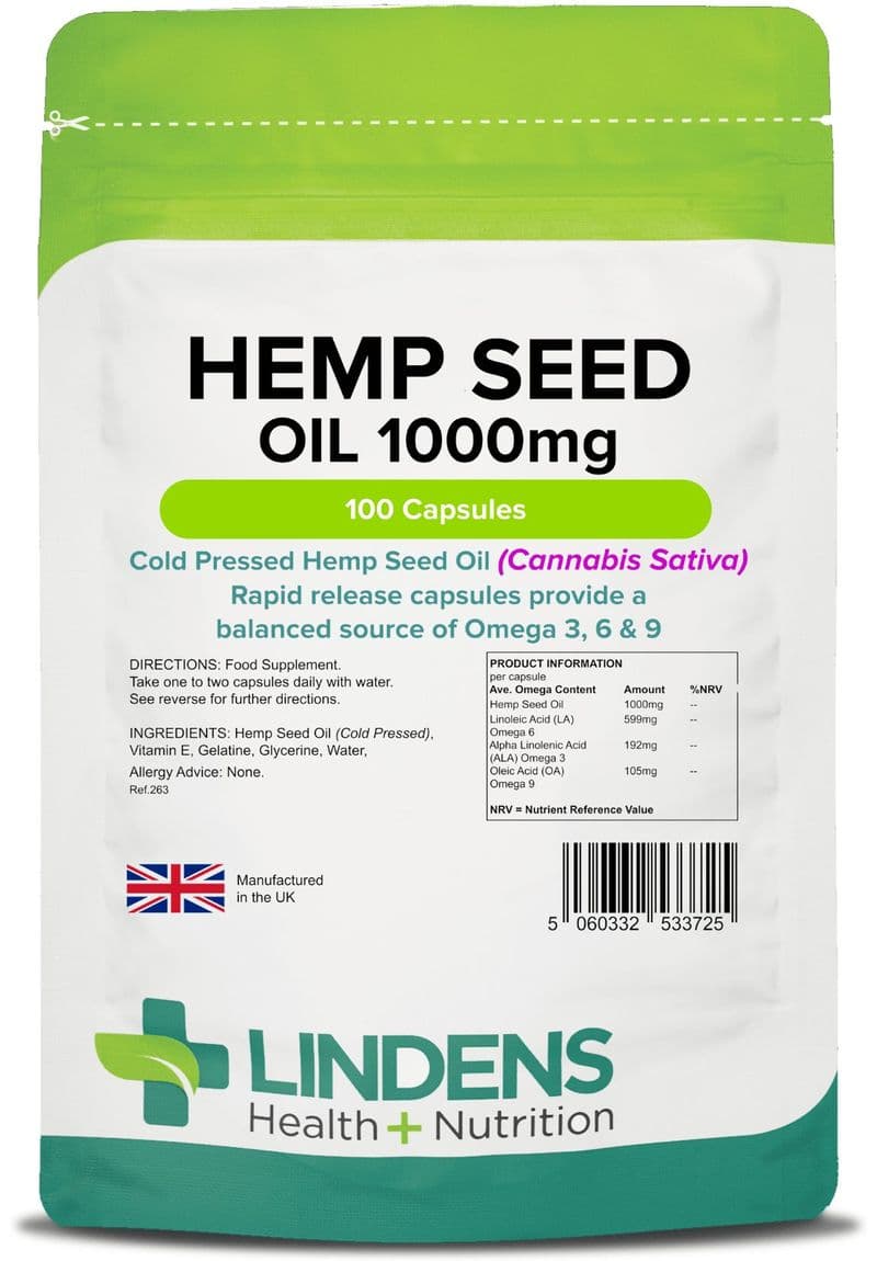 Hemp Seed Oil 1000mg x 100 Capsules; Rich Source Of Omega-3, 6 & 9; Lindens