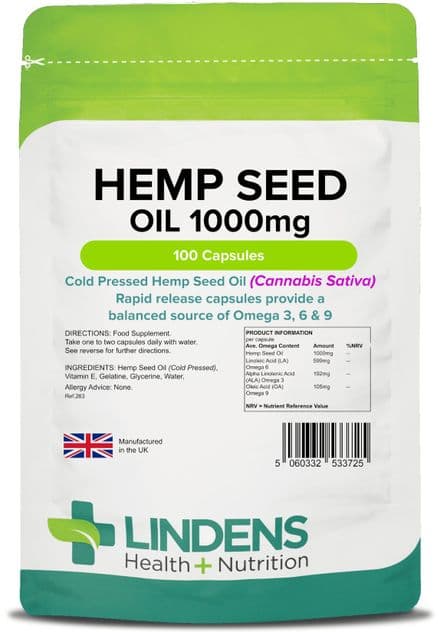 Hemp Seed Oil 1000mg x 100 Capsules; Rich Source Of Omega-3, 6 & 9; Lindens