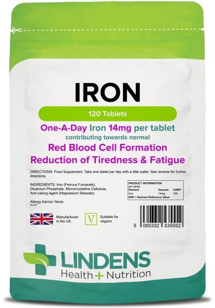 Iron 14mg x 120/360 Tablets; Fatigue, Red Blood Cell Formation; Lindens