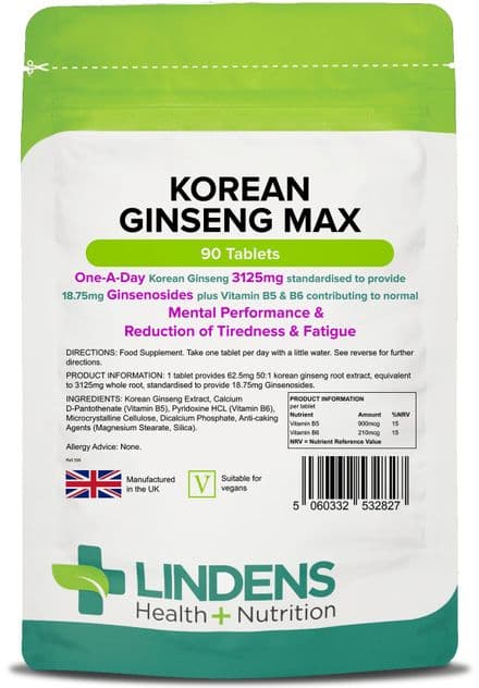 Korean Ginseng MAX (Panax) 3125mg x 90 Tablets; Energy, Immune; Lindens