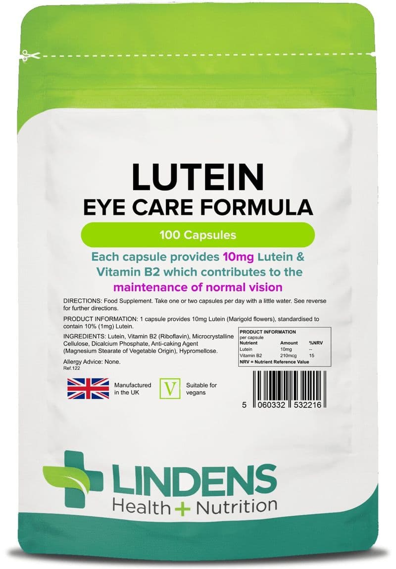 Lutein 10mg + Vitamin B2 x 100 Capsules; Eye Care Formula; Lindens
