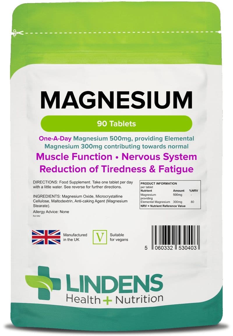 Magnesium (MgO 500mg) x 90/500 Tabs; Muscle Function, Fatigue; Lindens