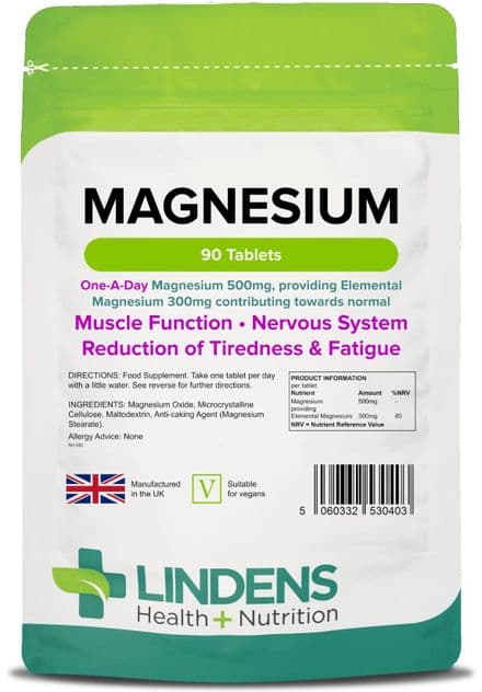 Magnesium (MgO 500mg) x 90/500 Tabs; Muscle Function, Fatigue; Lindens
