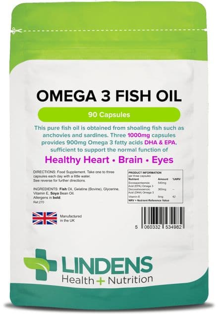 Omega-3 Fish Oil 1000mg x 90 Capsules; EPA/DHA 30%; Heart, Brain, Eyes; Lindens