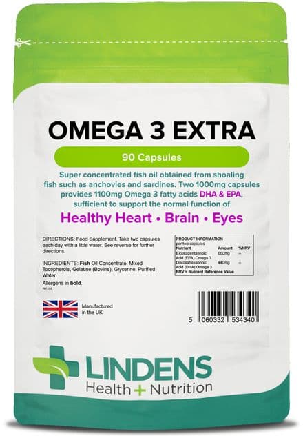 Omega-3 Fish Oil EXTRA; 1000mg x 90 Capsules; EPA/DHA 55%; Lindens