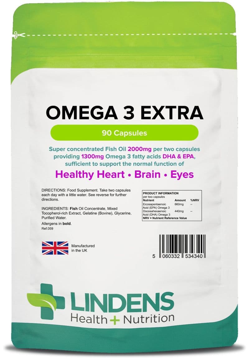 Omega-3 Fish Oil EXTRA; 1000mg x 90 Capsules; EPA/DHA 55%; Lindens