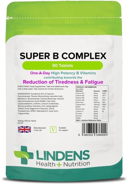 Super Vitamin B Complex x 90 Tabs; Energy & Metabolism; Lindens
