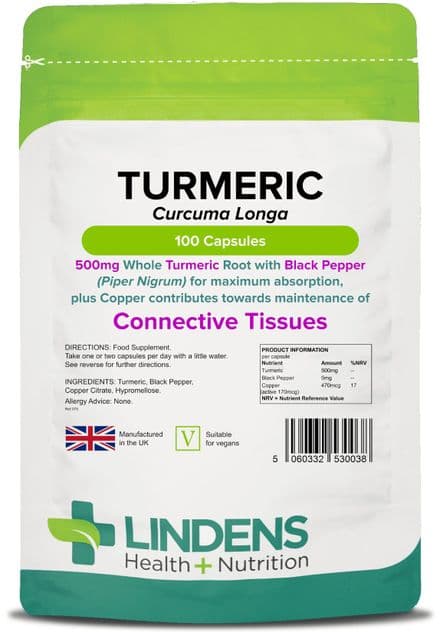 Turmeric (Whole Root) 500mg + Black Pepper & Copper x 100 Veg-Capsules; Lindens