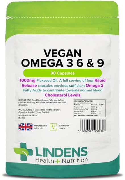 Vegan Omega 3 6 & 9 1000mg x 90 Capsules; Flaxseed Oil; Lindens