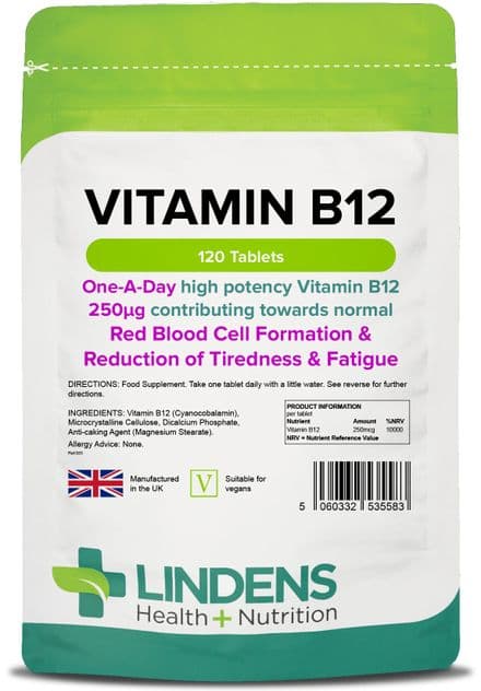 Vitamin B12 250mcg x 120 Tablets; One A Day; Tiredness & Fatigue; Lindens