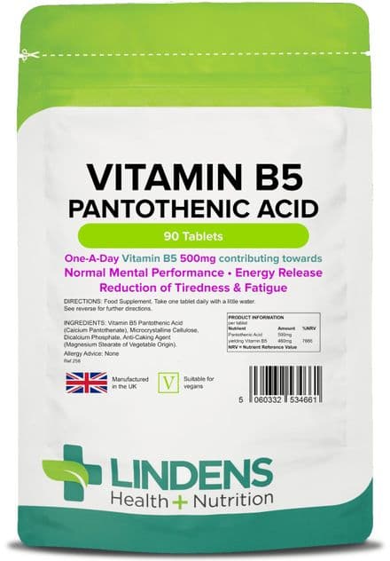 Vitamin B5 (Pantothenic Acid) 500mg x 90 Tablets; Mental Performance; Lindens