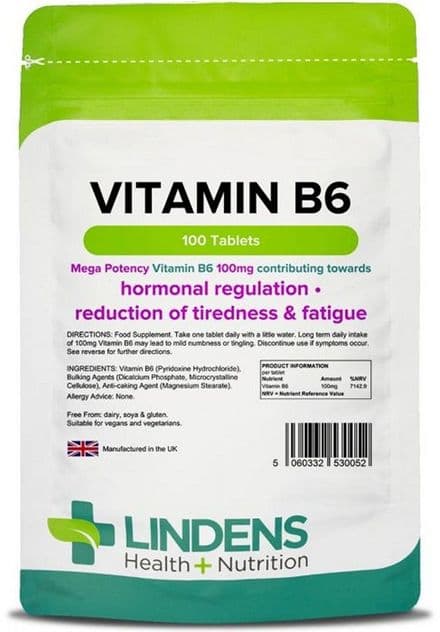Vitamin B6 100mg x 100 Tablets; One A Day; Energy, Mood, Cramps, PMS; Lindens