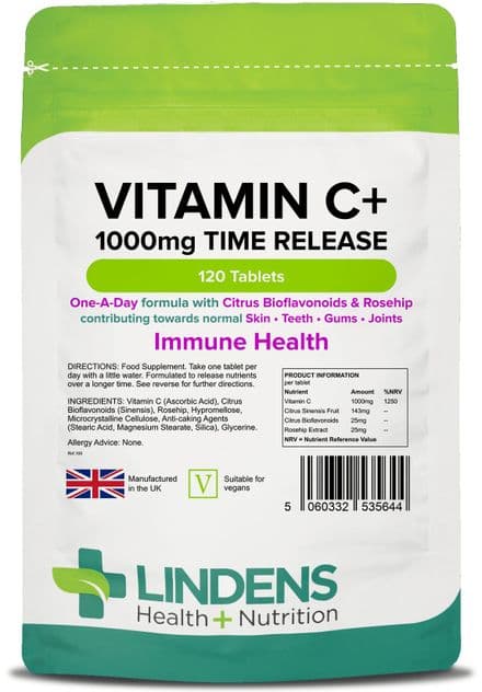 Vitamin C 1000mg x 120 Time Release Tabs + Bioflavanoids & Rosehip; Lindens