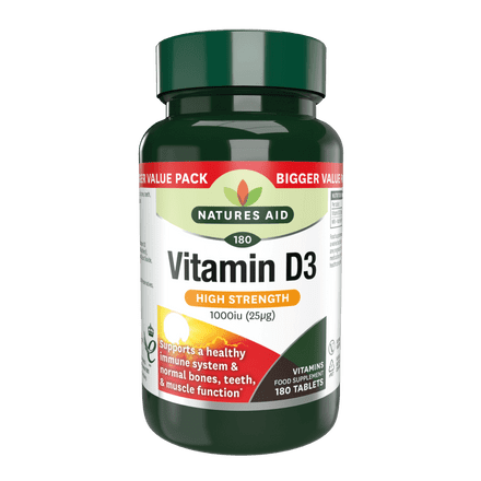 Vitamin D3 1000iu x 180 Tablets; Bones, Muscle, Immune; Natures Aid