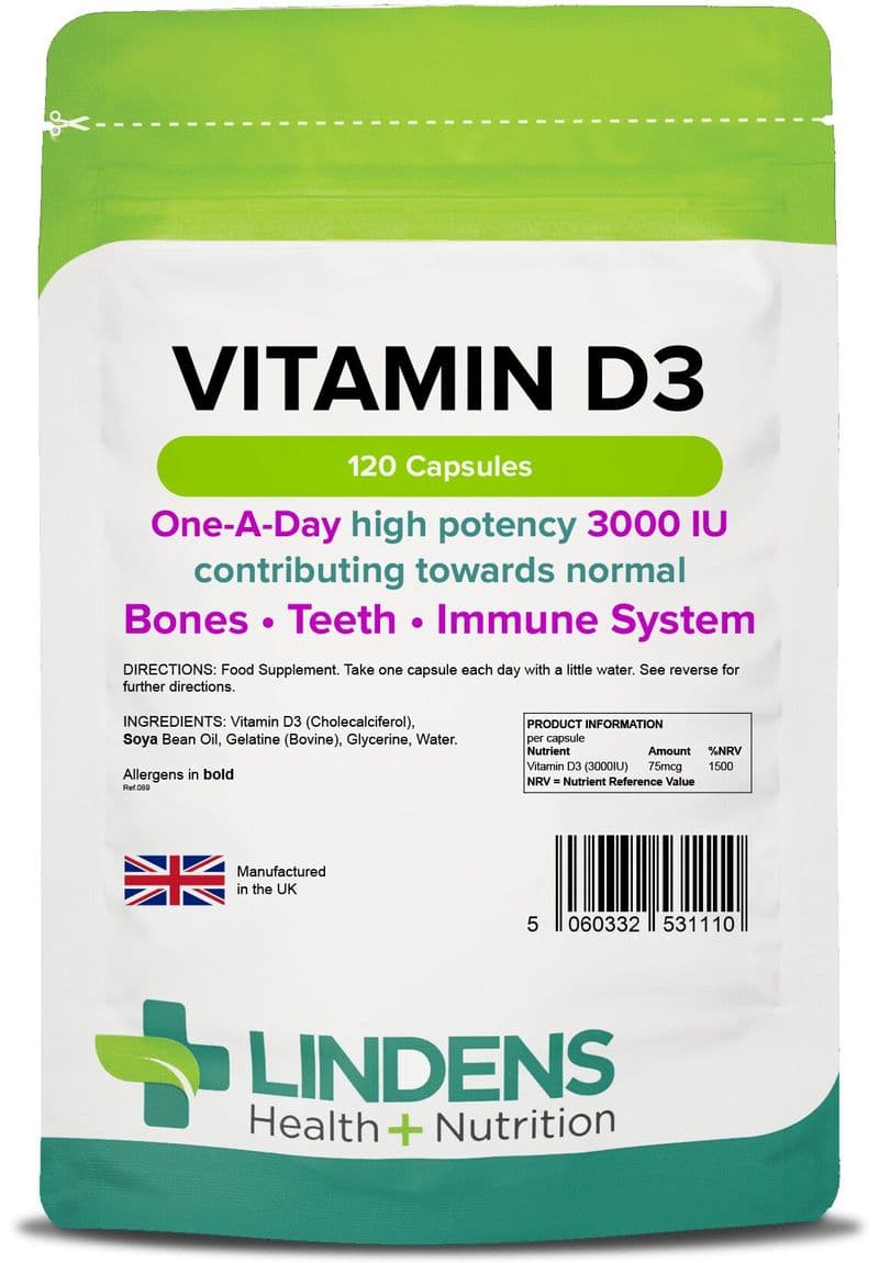 Vitamin D3 3000IU x 120 Capsules; High Potency; Bones, Immune System; Lindens