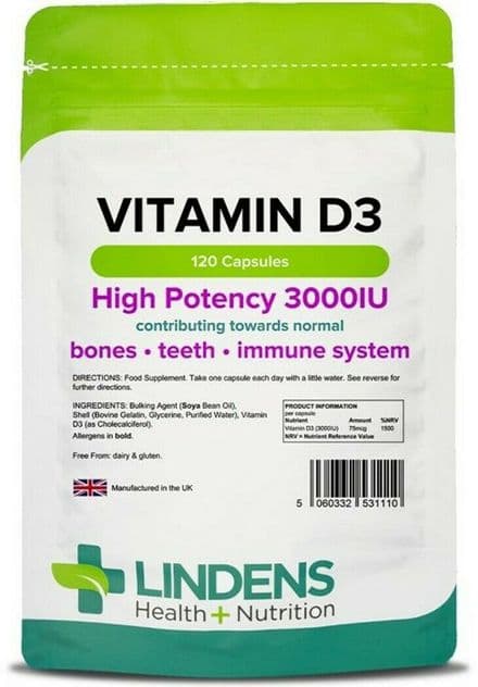 Vitamin D3 3000IU x 120 Capsules; High Potency; Bones, Immune System; Lindens
