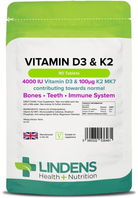 Vitamin D3 4000iu & Vitamin K2 100mcg x 90 Tablets; Lindens