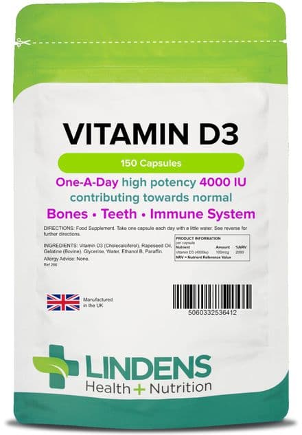 Vitamin D3 4000IU x 150/360 Caps; High Strength; Bones, Immune System; Lindens