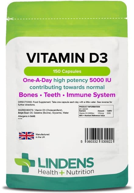 Vitamin D3 5000iu x 150 Capsules; Max Strength; Bones, Immune System; Lindens