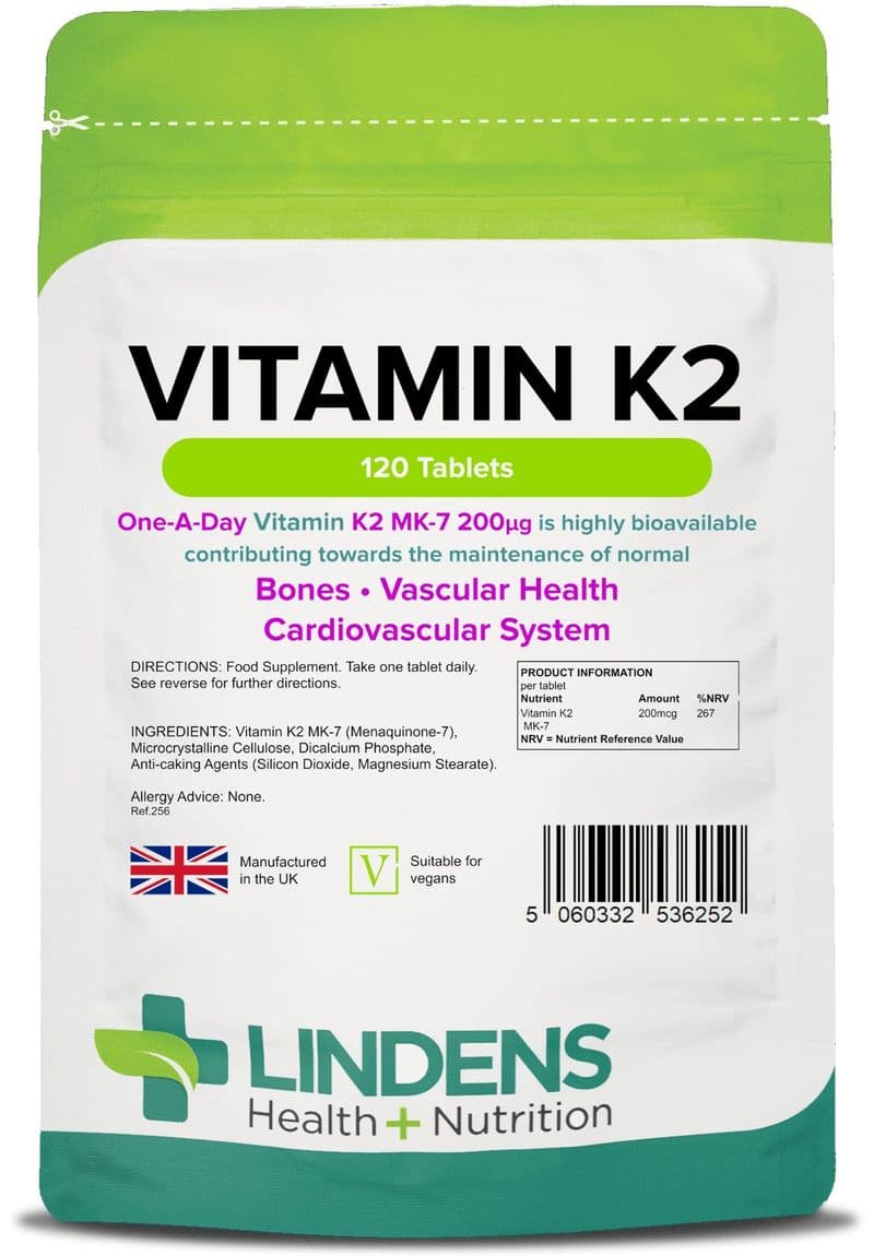 Vitamin K2 MK-7 200mcg x 120 Tablets; Bone & Cardiovascular Health; Lindens
