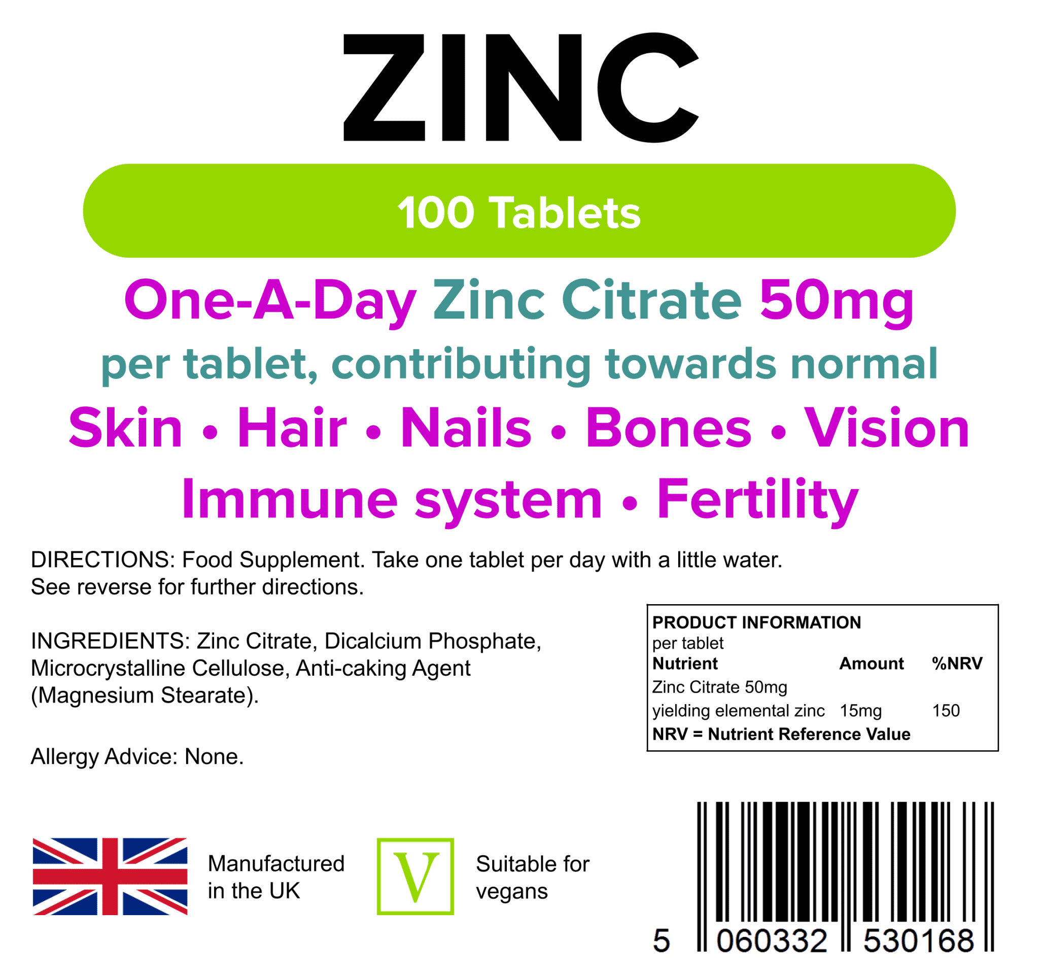 Zinc Citrate 50mg x 100 Tablets; One A Day; Skin Bones Immune; Lindens