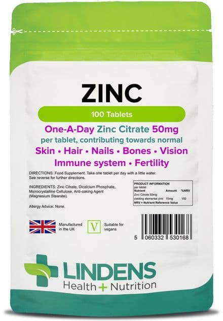Zinc Citrate 50mg x 100 Tablets; One A Day; Skin, Bones, Immune; Lindens