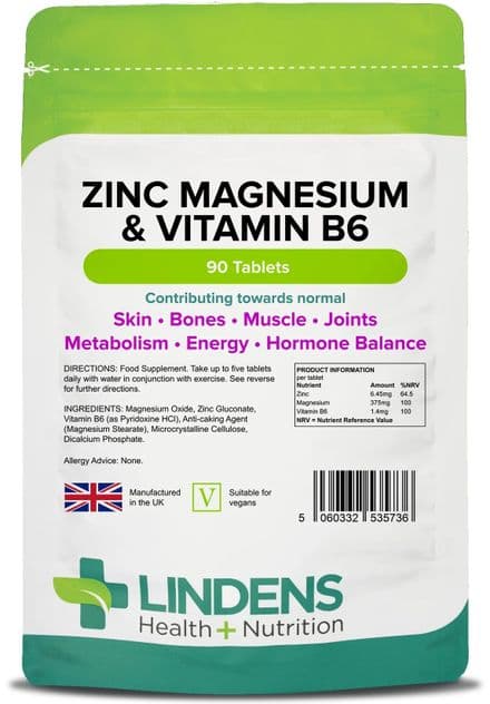 Zinc, Magnesium & Vitamin B6 x 90 Tabs; Muscle, Energy, Hormones; Lindens