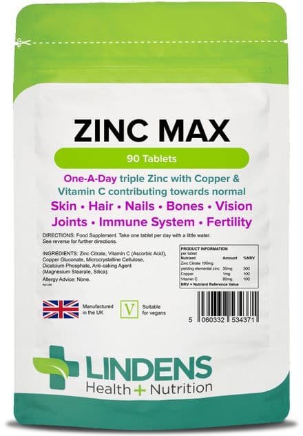Zinc Max (With Copper & Vitamin C) x 90 Tablets; Lindens