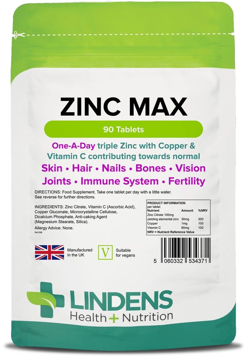 Zinc Max (With Copper & Vitamin C) x 90 Tablets; Lindens