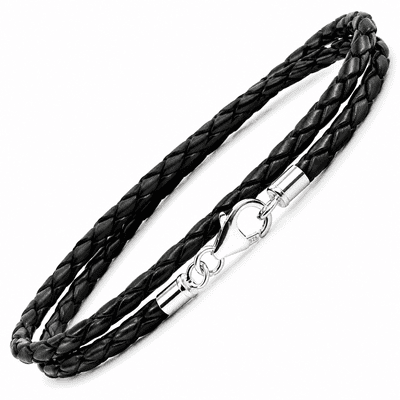 Slim Braided Leather Bracelet With Silver Clasp-Double Wrapped