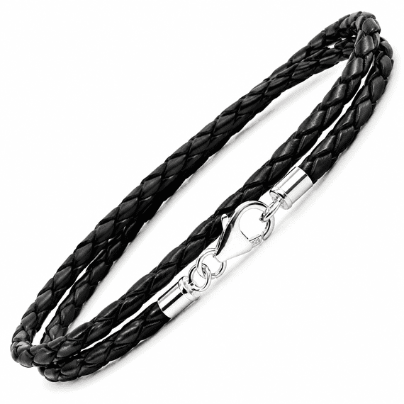 Slim Braided Leather Bracelet With Silver Clasp-Double Wrapped