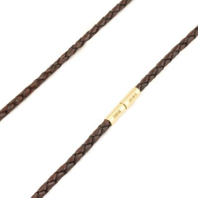 3mm Braided Leather Necklace With 9ct Gold Twist Clasp-Antique Dark Brown