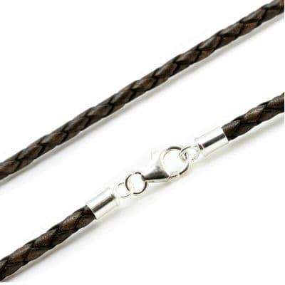 3mm Braided Leather Necklace With Sterling Silver Clasp-Antique Brown