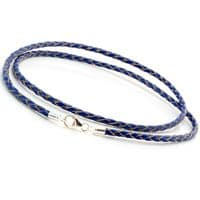 3mm Braided Leather Necklace With Sterling Silver Clasp-Blue