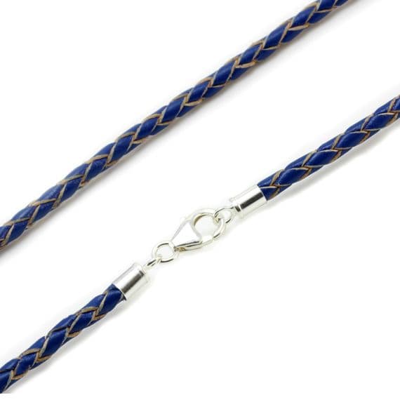 3mm Braided Leather Necklace With Sterling Silver Clasp-Blue