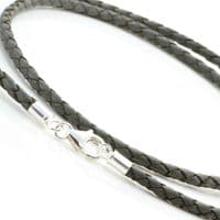 3mm Braided Leather Necklace With Sterling Silver Clasp-Grey