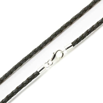 3mm Braided Leather Necklace With Sterling Silver Clasp-Grey