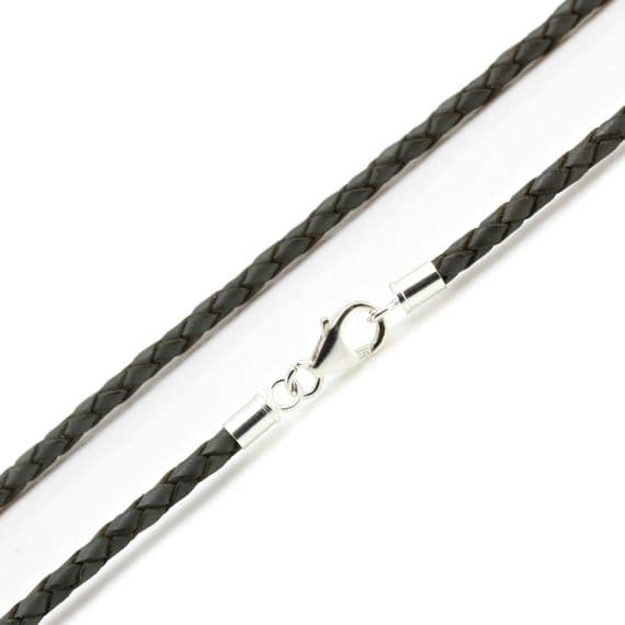 3mm Braided Leather Necklace With Sterling Silver Clasp-Grey
