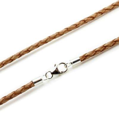 3mm Braided Leather Necklace With Sterling Silver Clasp-Natural Tan