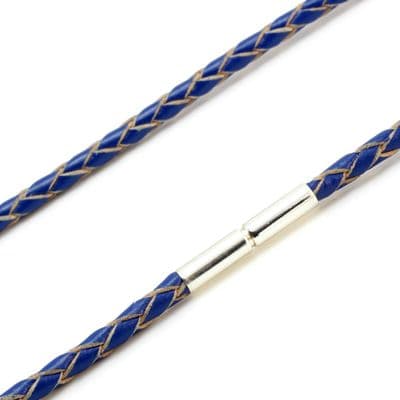 3mm Braided Leather Necklace With Sterling Silver Twist Clasp-Blue