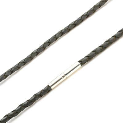 3mm Braided Leather Necklace With Sterling Silver Twist Clasp-Grey