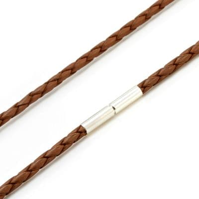 3mm Braided Leather Necklace With Sterling Silver Twist Clasp-Light Brown