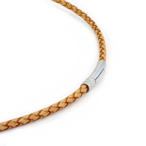 4mm Braided Leather Necklace With Stainless Steel Trigger Clasp-Antique Natural