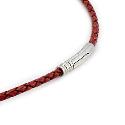 4mm Braided Leather Necklace With Stainless Steel Trigger Clasp-Antique Red