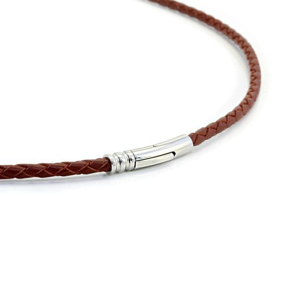 4mm Braided Leather Necklace With Stainless Steel Trigger Clasp-Saddle Brown