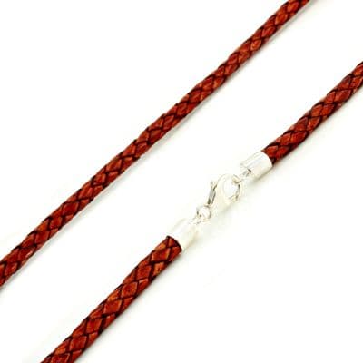 5mm Braided Leather Necklace With Sterling Silver Clasp-Antique Red