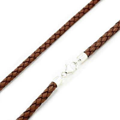 5mm Braided Leather Necklace With Sterling Silver Clasp-Light Brown