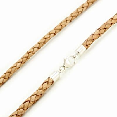 5mm Braided Leather Necklace With Sterling Silver Clasp-Natural Tan