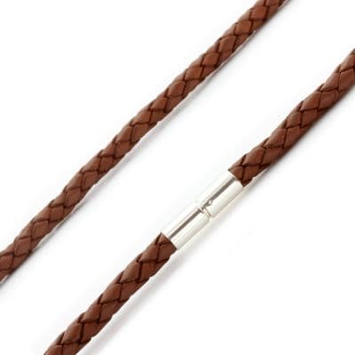 5mm Braided Leather Necklace With Sterling Silver Twist Clasp-Light Brown