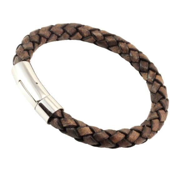 8mm Antique Brown Braided Leather Bracelet With Stainless Steel Trigger Clasp